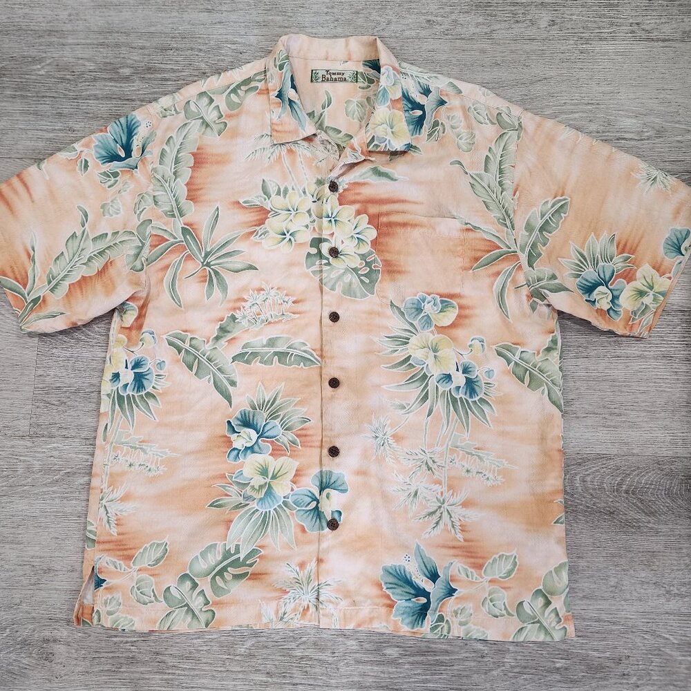 .Tommy Bahama Silk Hawaiian Shirt Tropical Floral Leaves Print Men's Size L
